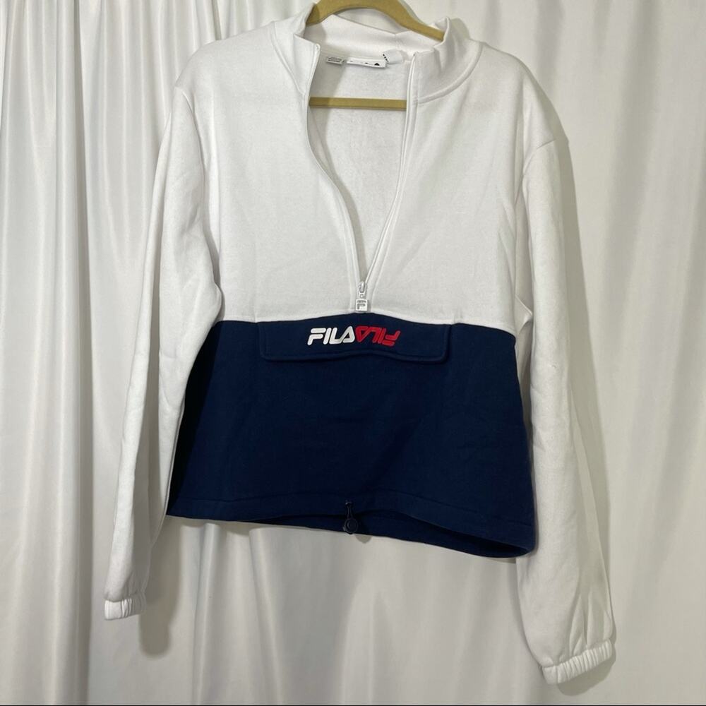 0348 NWT FILA Women's Half Zip Pullover Sweatshirt Colorblock White Blue Fleece - Picture 3 of 13